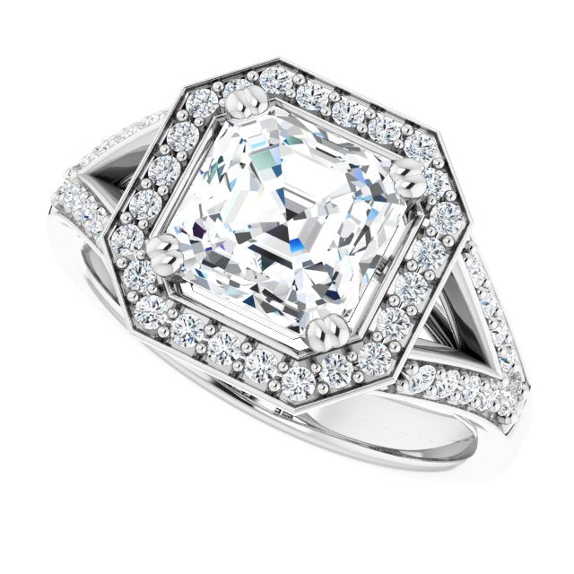 Cubic Zirconia Engagement Ring- The Aryanna (Customizable Cathedral-set Asscher Cut Style with Accented Split Band and Halo)