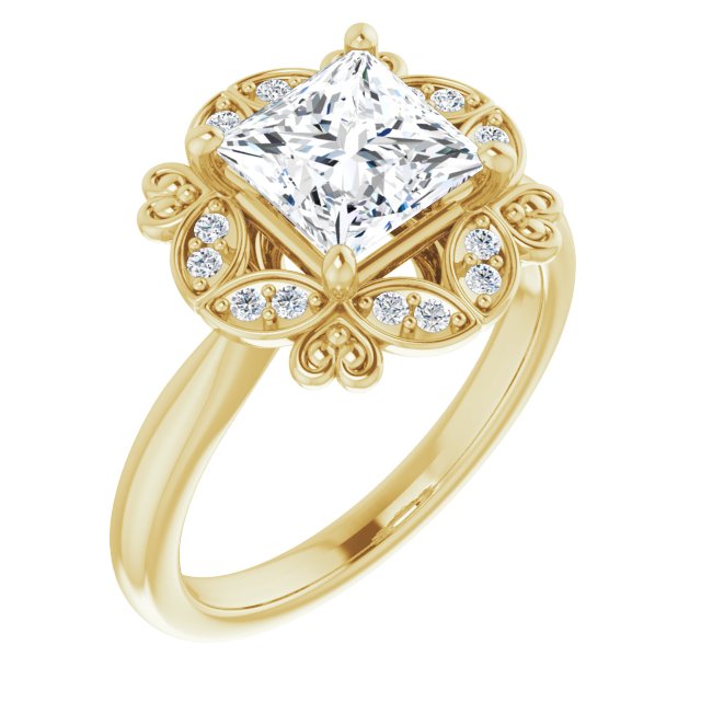 14K Yellow Gold Customizable Princess/Square Cut Design with Floral Segmented Halo & Sculptural Basket
