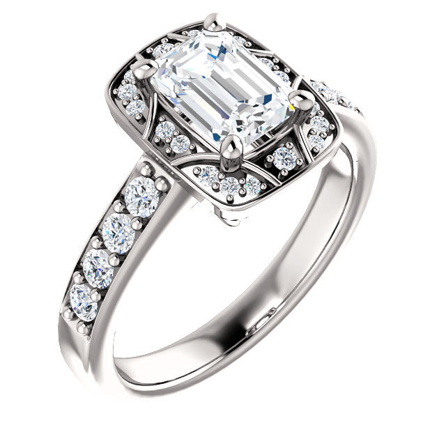 Cubic Zirconia Engagement Ring- The Payton (Customizable Radiant Cut with Segmented Cluster-Halo and Large-Accented Band)