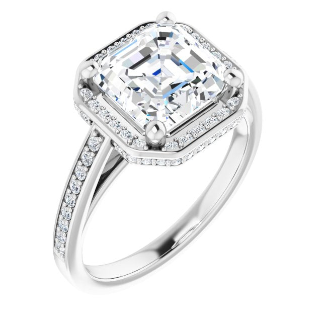 10K White Gold Customizable Cathedral-Halo Asscher Cut Design with Under-halo & Shared Prong Band