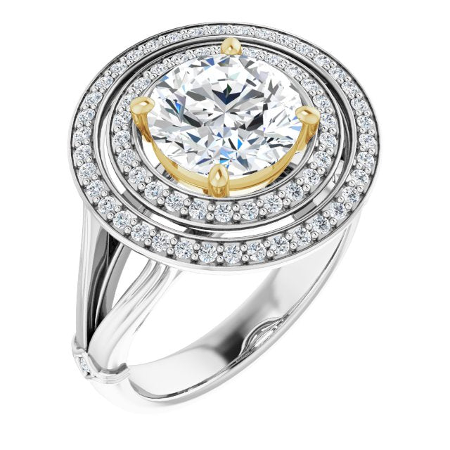 14K White & Yellow Gold Customizable Cathedral-set Round Cut Design with Double Halo, Wide Split Band and Side Knuckle Accents