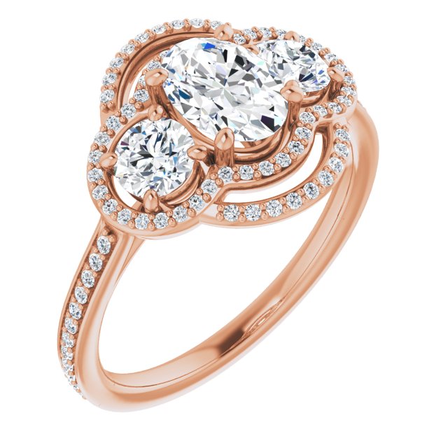 10K Rose Gold Customizable Enhanced 3-stone Double-Halo Style with Oval Cut Center and Thin Band