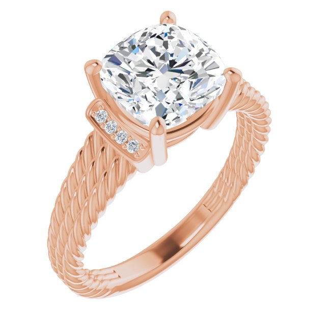 10K Rose Gold Customizable 11-stone Design featuring Cushion Cut Center, Vertical Round-Channel Accents & Wide Triple-Rope Band