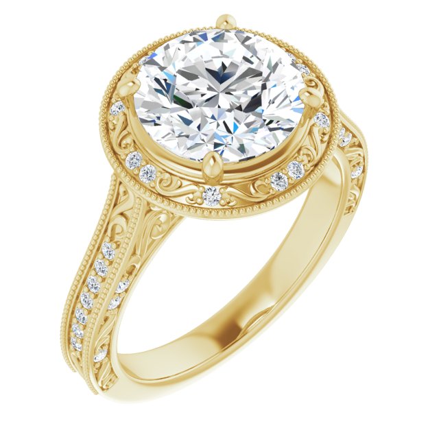 14K Yellow Gold Customizable Vintage Artisan Round Cut Design with 3-Sided Filigree and Side Inlay Accent Enhancements