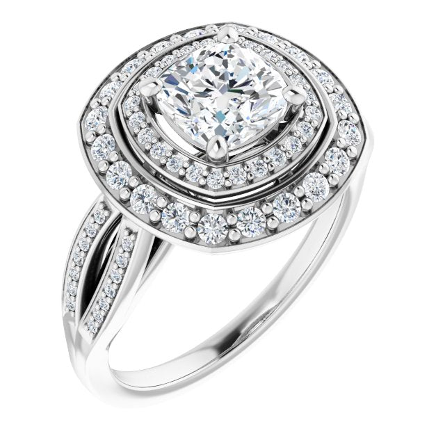 10K White Gold Customizable Cathedral-style Cushion Cut Design with Double Halo & Split-Pavé Band