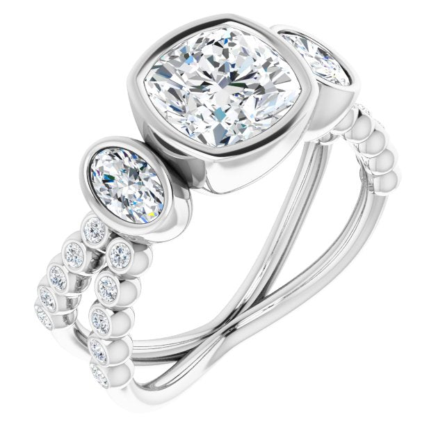 Cubic Zirconia Engagement Ring- The Tamanna (Customizable Bezel-set Cushion Cut Design with Dual Bezel-Oval Accents and Round-Bezel Accented Split Band)