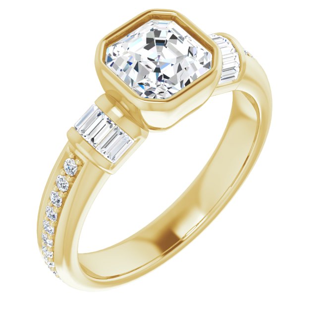 18K Yellow Gold Customizable Cathedral-Bezel Asscher Cut Style with Horizontal Baguettes & Shared Prong Band