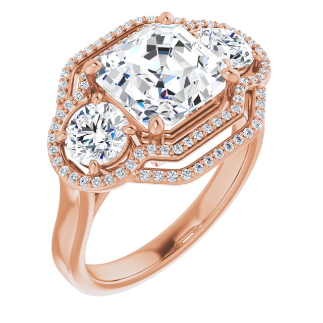 10K Rose Gold Customizable Cathedral-set Enhanced 3-stone Asscher Cut Design with Multidirectional Halo