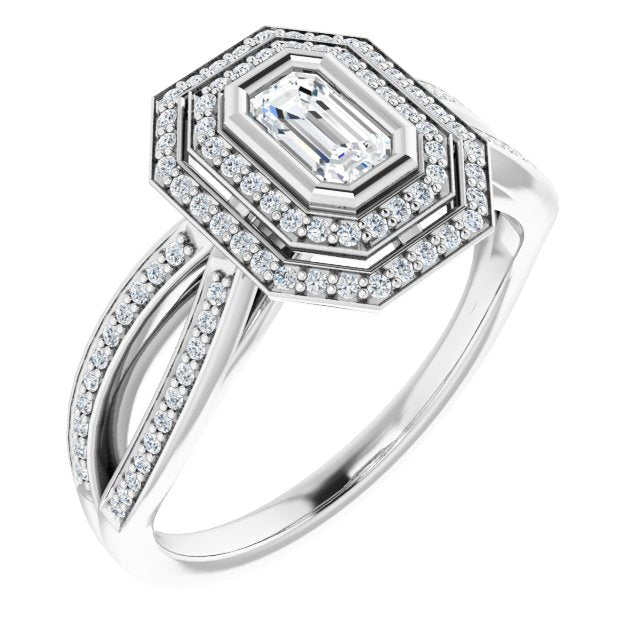 10K White Gold Customizable Bezel-set Emerald/Radiant Cut Style with Double Halo and Split Shared Prong Band
