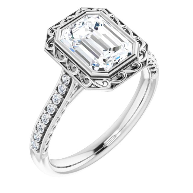 Cubic Zirconia Engagement Ring- The Itzayana (Customizable Cathedral-Bezel Emerald Cut Design featuring Accented Band with Filigree Inlay)