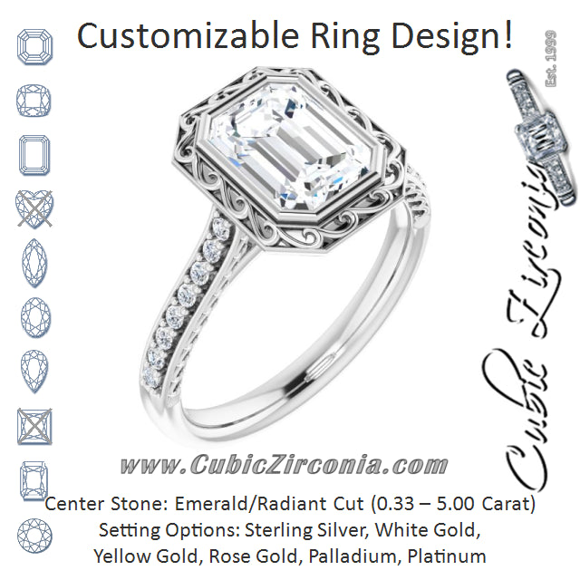 Cubic Zirconia Engagement Ring- The Itzayana (Customizable Cathedral-Bezel Radiant Cut Design featuring Accented Band with Filigree Inlay)