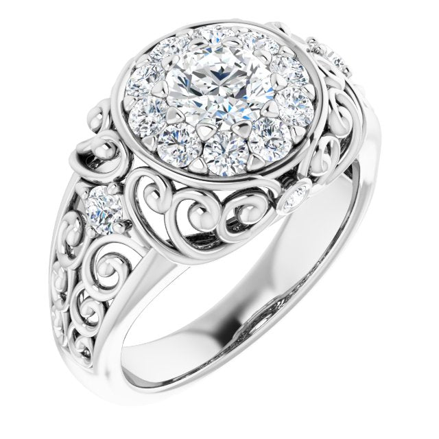 10K White Gold Customizable Round Cut Halo Style with Round Prong Side Stones and Intricate Metalwork