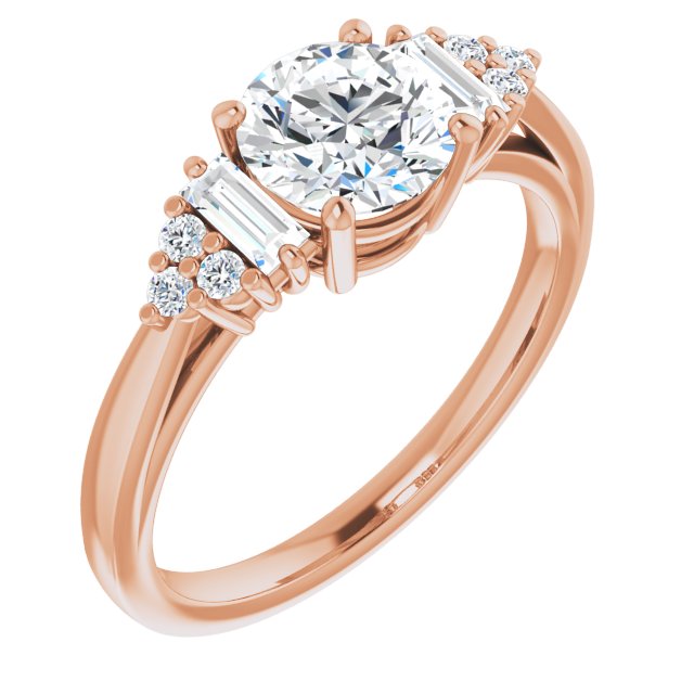 18K Rose Gold Customizable 9-stone Design with Round Cut Center, Side Baguettes and Tri-Cluster Round Accents