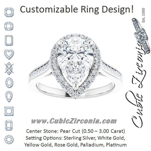 Cubic Zirconia Engagement Ring- The Star (Customizable Pear Cut Design with Halo, Round Channel Band and Floating Peekaboo Accents)