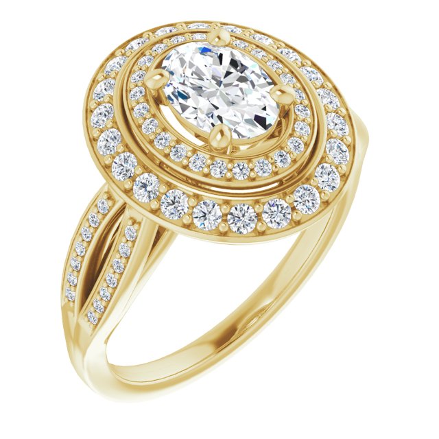 10K Yellow Gold Customizable Cathedral-style Oval Cut Design with Double Halo & Split-Pavé Band