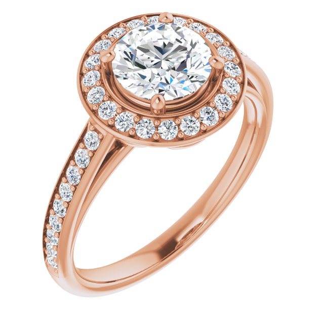 10K Rose Gold Customizable Cathedral-raised Round Cut Halo-and-Accented Band Design