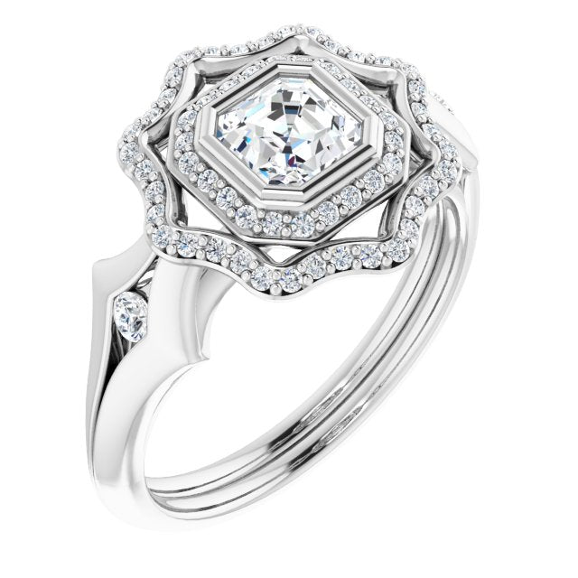10K White Gold Customizable Cathedral-bezel Asscher Cut Design with Floral Double Halo and Channel-Accented Split Band