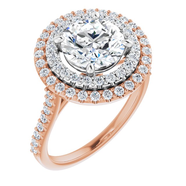14K Rose & White Gold Customizable Double-Halo Round Cut Design with Accented Split Band
