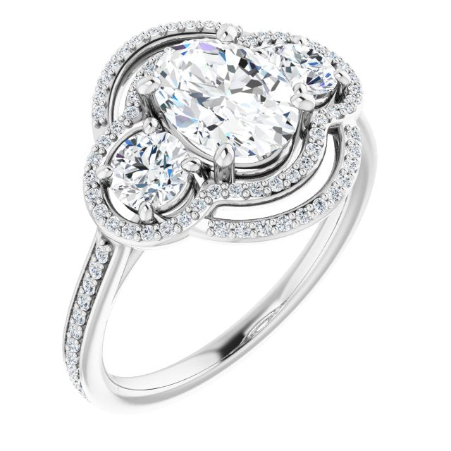 Cubic Zirconia Engagement Ring- The e'Mariana (Customizable Enhanced 3-stone Double-Halo Style with Oval Cut Center and Thin Band)