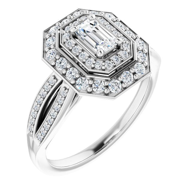 10K White Gold Customizable Cathedral-style Emerald/Radiant Cut Design with Double Halo & Split-Pavé Band