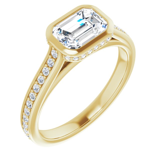 10K Yellow Gold Customizable Cathedral-Bezel Emerald/Radiant Cut Design with Under Halo and Shared Prong Band