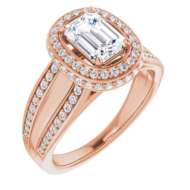 10K Rose Gold Customizable Halo-style Emerald/Radiant Cut with Under-halo & Ultra-wide Band