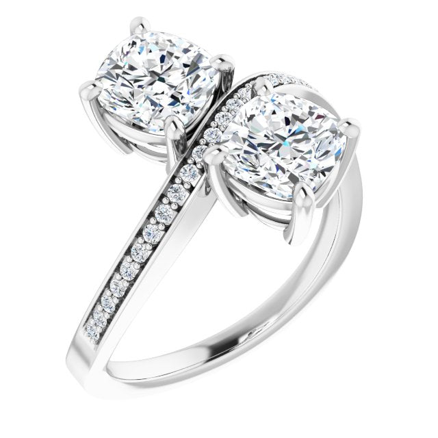 10K White Gold Customizable 2-stone Cushion Cut Bypass Design with Thin Twisting Shared Prong Band