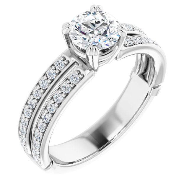 14K White Gold Customizable Round Cut Design featuring Split Band with Accents