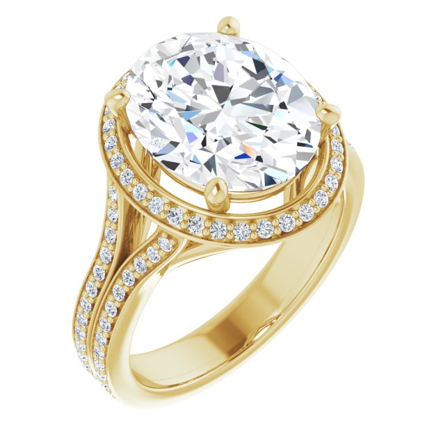 10K Yellow Gold Customizable Cathedral-raised Oval Cut Setting with Halo and Shared Prong Band