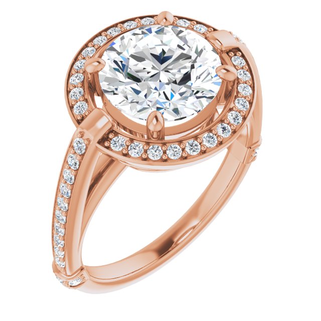 10K Rose Gold Customizable High-Cathedral Round Cut Design with Halo and Shared Prong Band