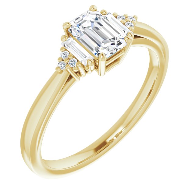 10K Yellow Gold Customizable 9-stone Design with Emerald/Radiant Cut Center, Side Baguettes and Tri-Cluster Round Accents