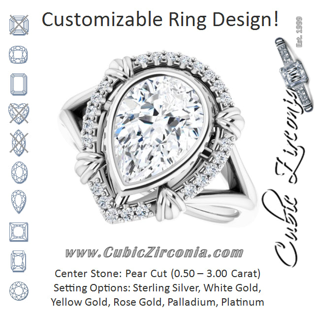 Cubic Zirconia Engagement Ring- The Leontine (Customizable Pear Cut Design with Split Band and "Lion's Mane" Halo)