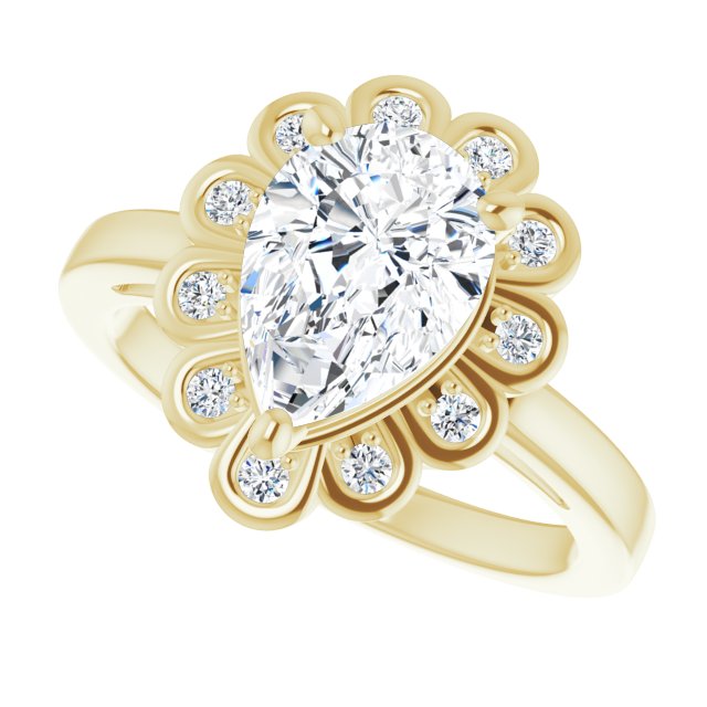 Cubic Zirconia Engagement Ring- The Mary Lou (Customizable 9-stone Pear Cut Design with Round Bezel Side Stones)