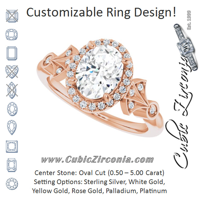 Cubic Zirconia Engagement Ring- The Zhee (Customizable Cathedral-Crown Oval Cut Design with Halo and Scalloped Side Stones)
