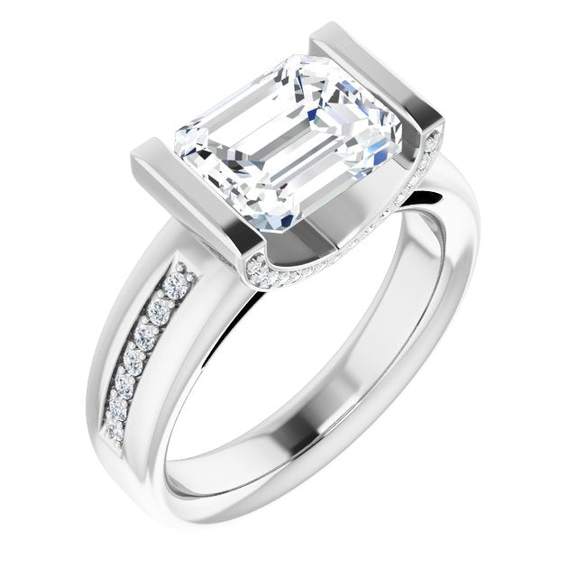 10K White Gold Customizable Cathedral-Bar Emerald/Radiant Cut Design featuring Shared Prong Band and Prong Accents