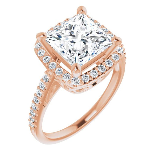 10K Rose Gold Customizable Cathedral-Crown Princess/Square Cut Design with Halo and Accented Band