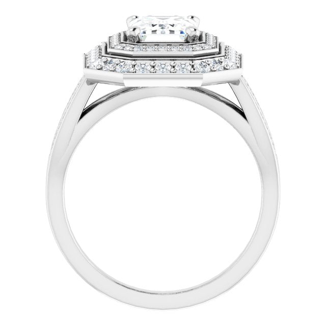 Cubic Zirconia Engagement Ring- The Henrika (Customizable Cathedral-style Radiant Cut Design with Double Halo & Split-Pavé Band)