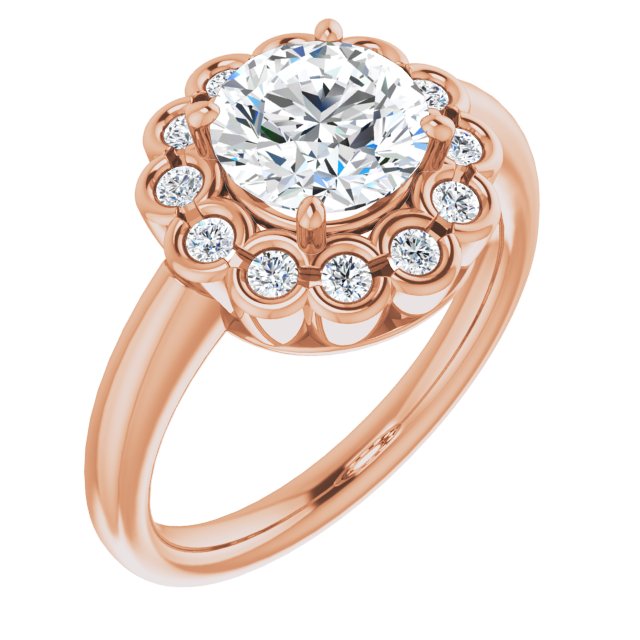 10K Rose Gold Customizable 13-stone Round Cut Design with Floral-Halo Round Bezel Accents