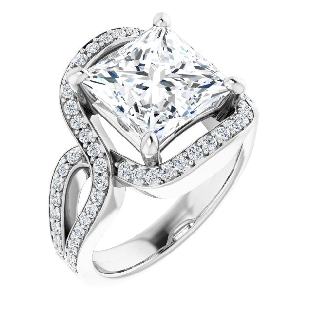 10K White Gold Customizable Princess/Square Cut Center with Infinity-inspired Split Shared Prong Band and Bypass Halo