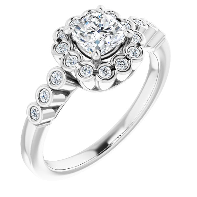 10K White Gold Customizable Cushion Cut Design with Round-bezel Halo and Band Accents