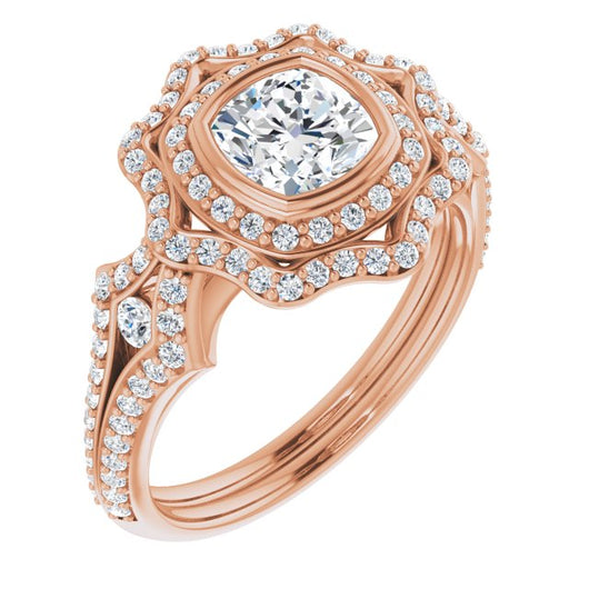 10K Rose Gold Customizable Cushion Cut Style with Ultra-wide Pavé Split-Band and Nature-Inspired Double Halo