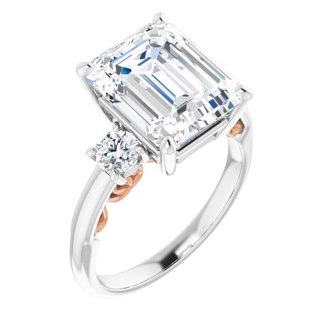 14K White & Rose Gold Customizable Emerald/Radiant Cut 3-stone Style featuring Heart-Motif Band Enhancement
