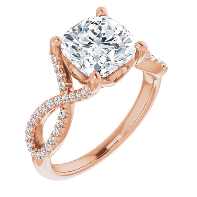 10K Rose Gold Customizable Cushion Cut Design with Twisting Infinity-inspired, Pavé Split Band
