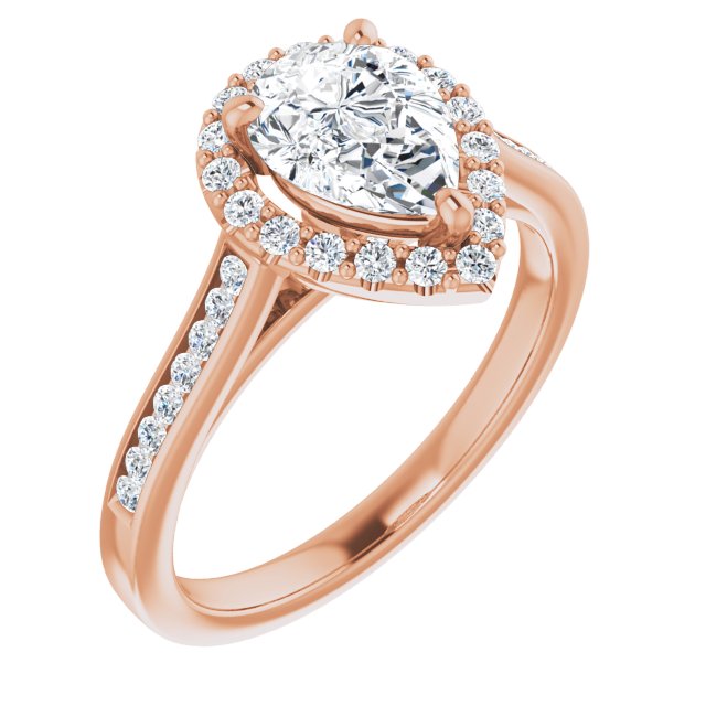 10K Rose Gold Customizable Pear Cut Design with Halo, Round Channel Band and Floating Peekaboo Accents