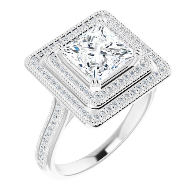 10K White Gold Customizable Princess/Square Cut Design with Elegant Double Halo, Houndstooth Milgrain and Band-Channel Accents