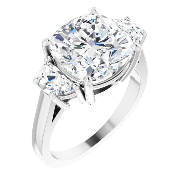 10K White Gold Customizable 3-stone Design with Cushion Cut Center and Half-moon Side Stones
