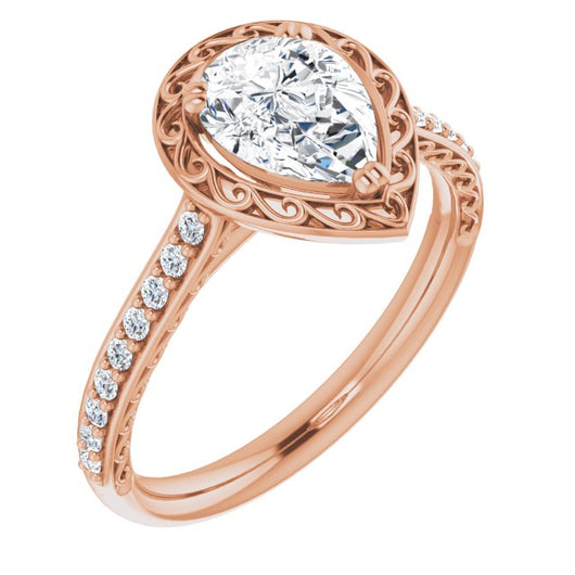 10K Rose Gold Customizable Pear Cut Halo Design with Filigree and Accented Band