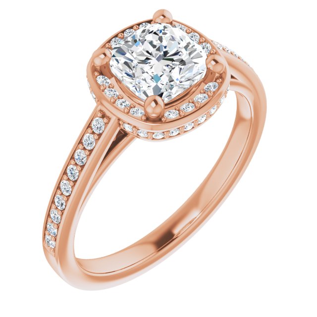 10K Rose Gold Customizable Cathedral-Halo Cushion Cut Design with Under-halo & Shared Prong Band