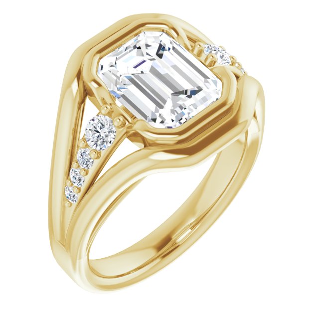 10K Yellow Gold Customizable 9-stone Emerald/Radiant Cut Design with Bezel Center, Wide Band and Round Prong Side Stones