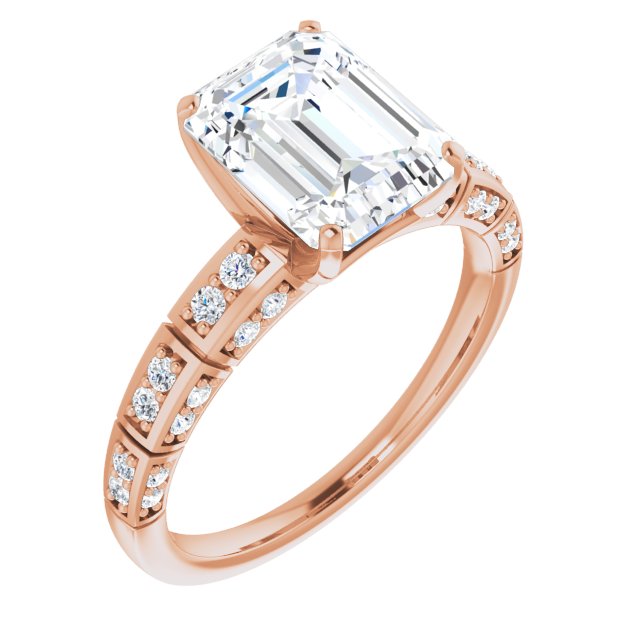 10K Rose Gold Customizable Emerald/Radiant Cut Style with Three-sided, Segmented Shared Prong Band